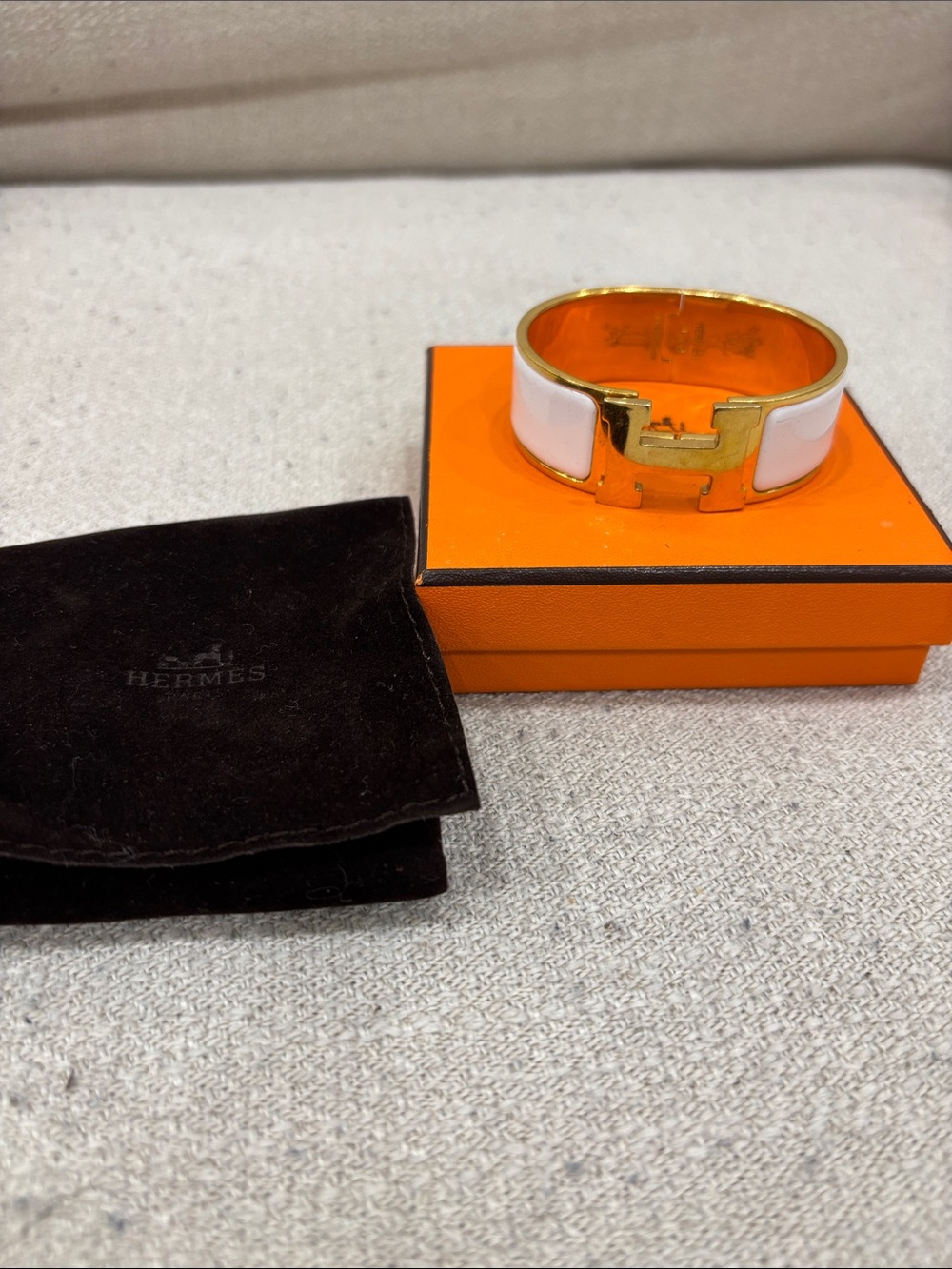 Hermes White Enamel H Bracelet with Gold Hardware